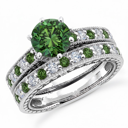 2 Carat Fancy Green Diamond Matching Engagement Ring Set Vintage Style