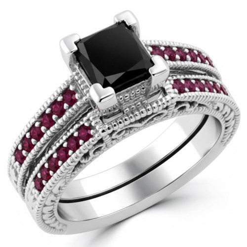 Princess Cut Black Diamond and Ruby Vintage-Inspired Engagement Ring Set