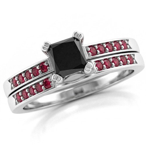 Princess Black Diamond and Red Ruby Matching Engagement Ring Set