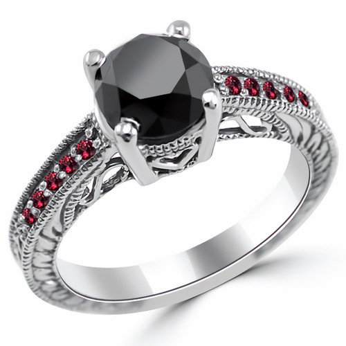 Vintage Black Diamond Red Ruby Filigree Engagement Ring