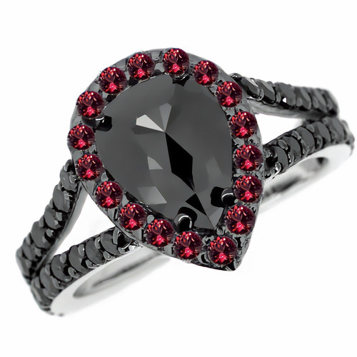 3.2ct Pear Black Diamond Red Ruby Engagement Ring
