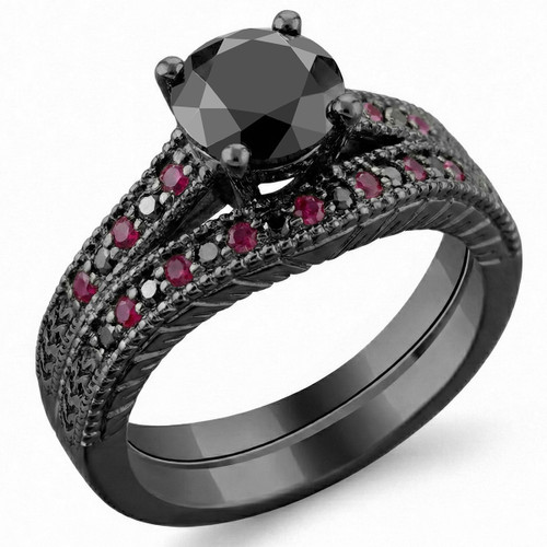 Black Diamond and Red Ruby Bridal Wedding Ring Set 14k Black Gold