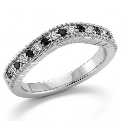 Curved Black and White Diamond Wedding Ring Vintage Style
