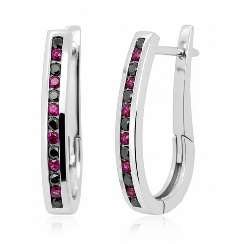 Black Diamond and Red Ruby Hoop Earrings 14k White Gold