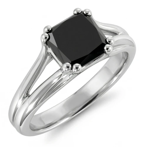 Princess Cut Black Diamond Solitaire Engagement Ring Split Shank