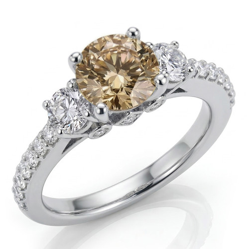 2 Carat Champagne Brown and White Diamond 3 Stone Engagement Ring