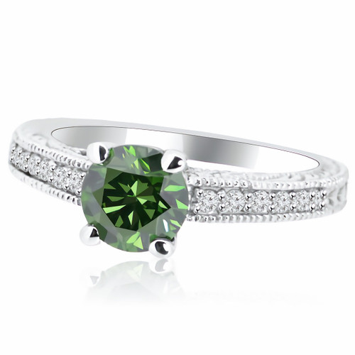 Green White Diamond Vintage Style Engagement Ring