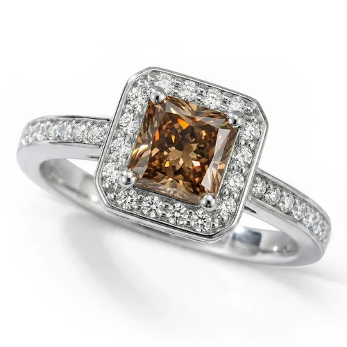 Princess Cut Brown Diamond Halo Engagement Ring