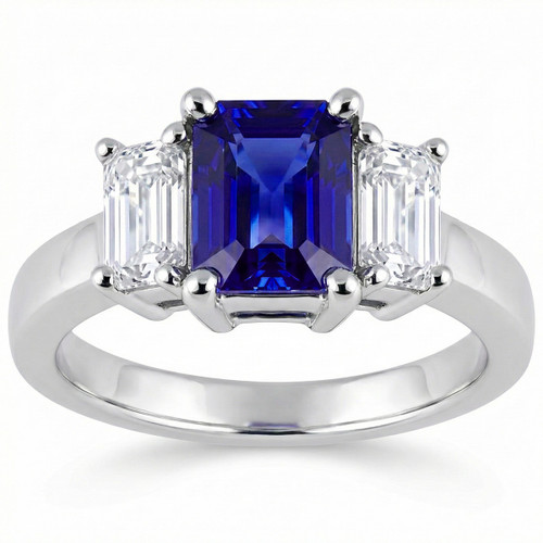 Emerald-Cut 3 Stone Tanzanite Diamond Engagement Ring
