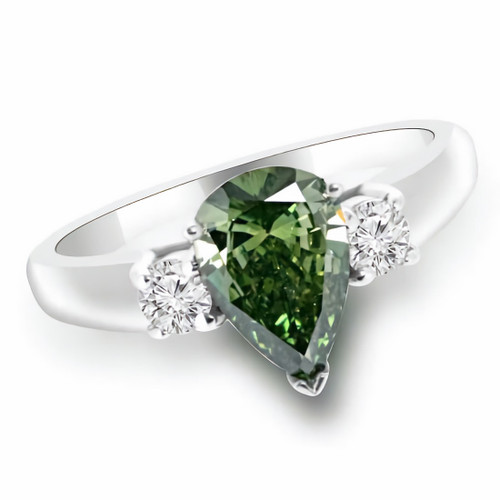 Pear Cut Green Diamond 3 Stone Engagement Ring