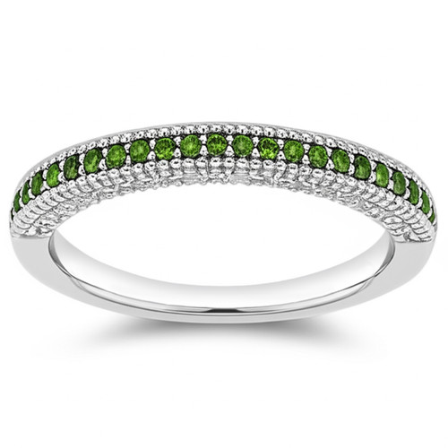 Green and White Diamond Wedding Ring Pave Band