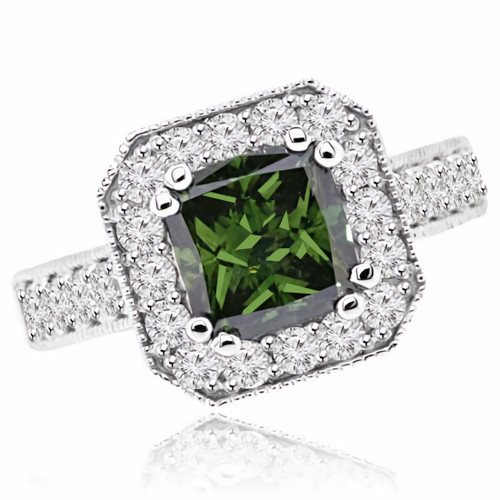 Cushion-Cut Green Diamond Halo Engagement Ring