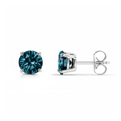 One Carat Fancy Blue Diamond Stud Earrings 14k White Gold
