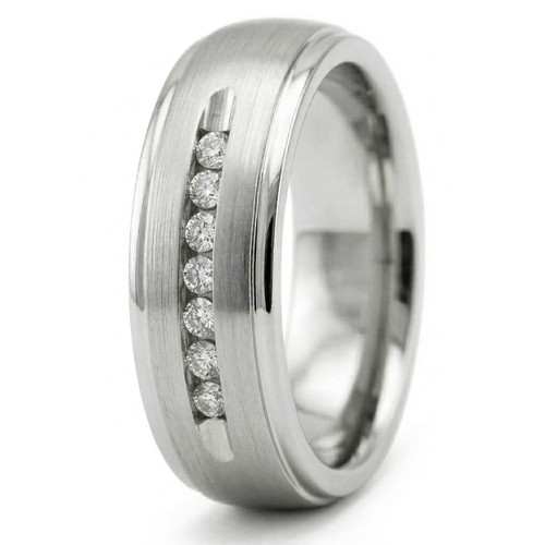 Channel Set Diamond Wedding Ring Men's Brushed Ring