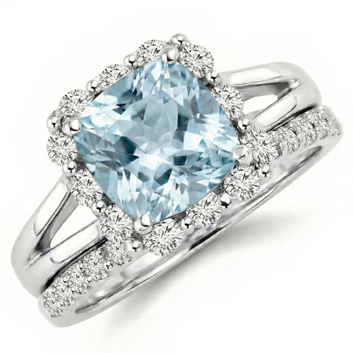Aquamarine Diamond Halo Engagement Wedding Ring Set