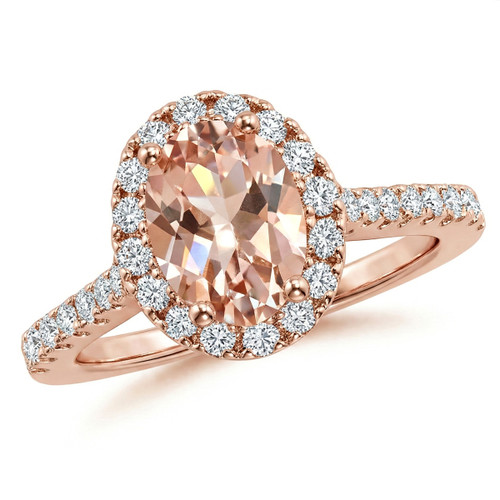 Oval Peach Morganite Diamond Halo Engagement Ring 14k Rose Gold