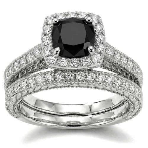 Cushion Cut Black Diamond Halo Engagement Ring Set Vintage Style