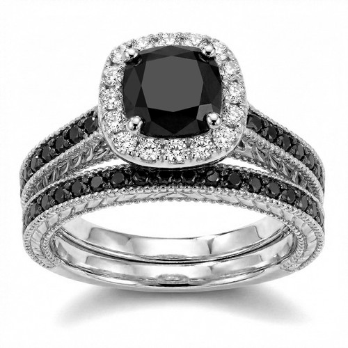 Cushion Cut Black Diamond Halo Engagement Ring Set