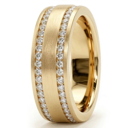 Channel Set Men's 2-Row Diamond Eternity Wedding Band 18k Brushed Yellow Gold