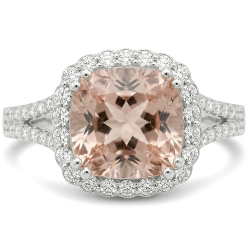 Peach-Pink Cushion-Cut Morganite and Diamond Halo Statement Ring