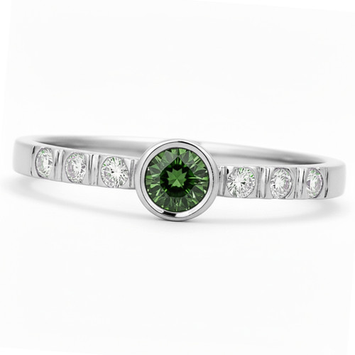 Green Diamond Bezel Set Dainty Engagement Ring