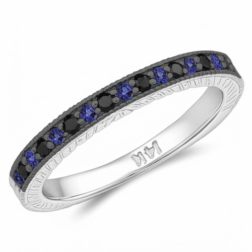 Alternating Black Diamond and Blue Sapphire Wedding Band Vintage Ring