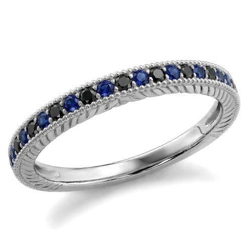 Alternating Black Diamond and Blue Sapphire Wedding Band Vintage Ring