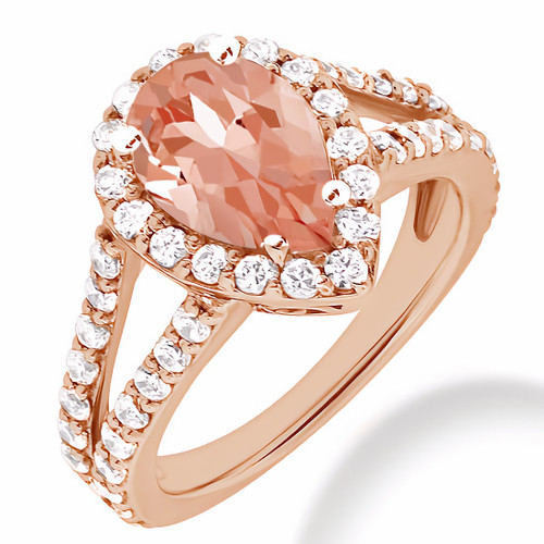 Peach Pink Pear Morganite Diamond Halo Engagement Ring Rose Gold