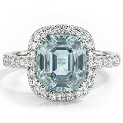 Cushion-Cut Blue Aquamarine and Diamond Halo Statement Ring