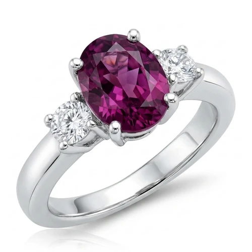Purple-Pink Oval Sapphire and Diamond 3 Stone Engagement Ring