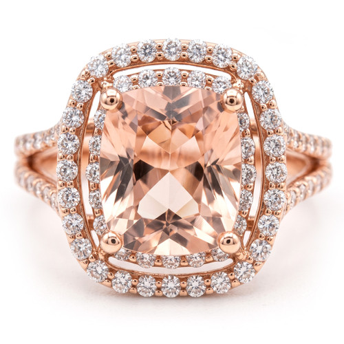 Peach Morganite and Diamond Double Halo Statement Ring 14k Rose Gold