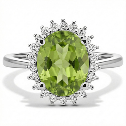 Oval Green Peridot and Diamond Halo Statement Engagement Ring