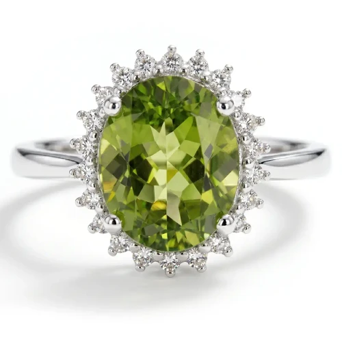 Oval Green Peridot and Diamond Halo Statement Engagement Ring