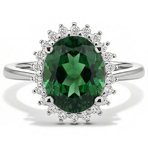 Oval Green Tourmaline Diamond Halo Engagement / Statement Ring