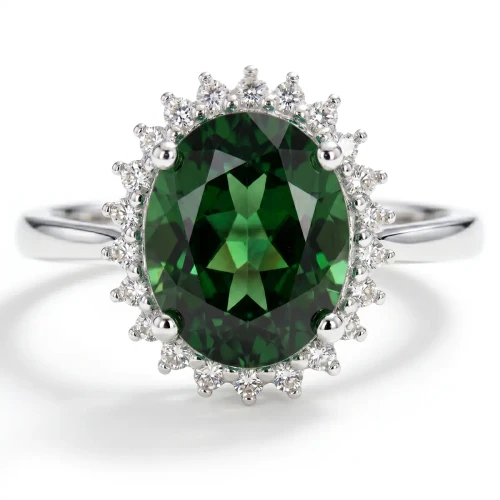 Oval Green Tourmaline Diamond Halo Engagement / Statement Ring