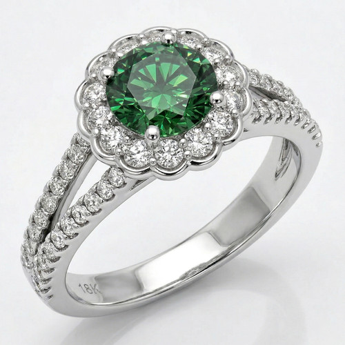 Green Diamond Floral Halo Engagement Ring With Split Shank