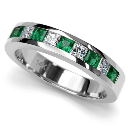 Princess-Cut Emerald Diamond Ring Channel Wedding Band