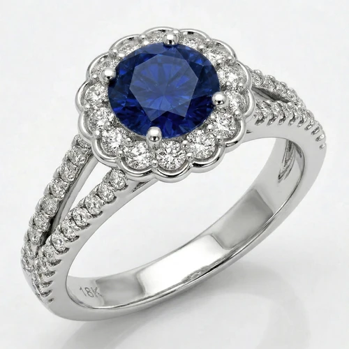 Blue Sapphire Diamond Halo Engagement Ring With Split Band