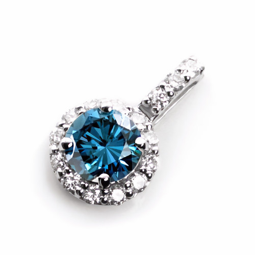 Blue Diamond Halo Pendant Necklace White Gold