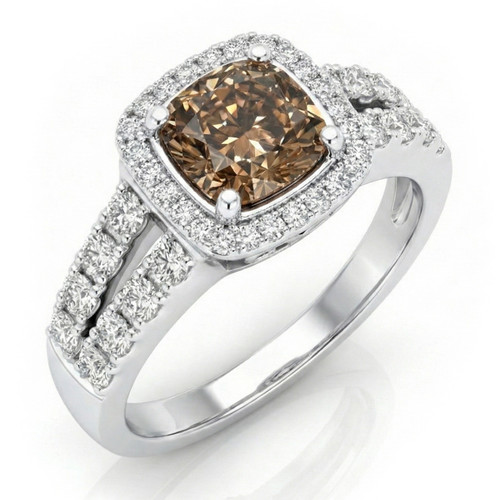 Cushion Cut Cognac Brown Diamond Halo Engagement Ring