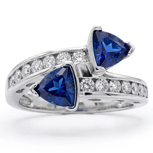 Natural Trilliant-Cut Blue Sapphire and Diamond 2-Stone Statement Ring