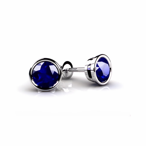 Bezel Set Blue Sapphire Stud Earrings 18k White Gold