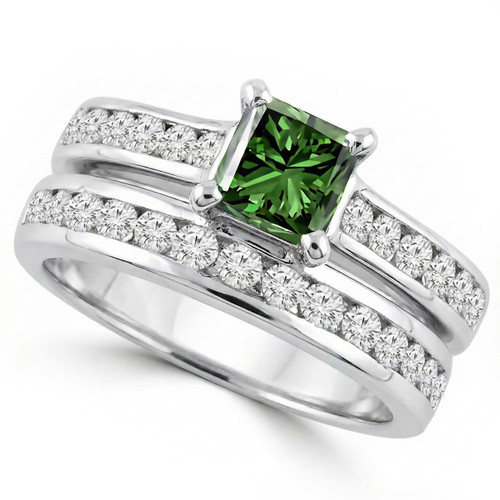Princess Cut Green Diamond Matching Engagement Wedding Ring Set