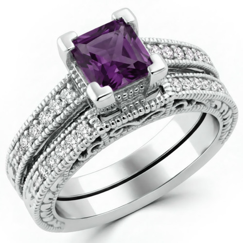 Princess Cut Amethyst Matching Engagement Wedding Ring Set Vintage