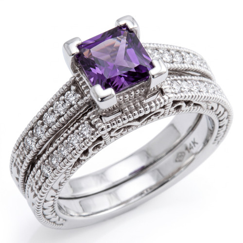 Princess Cut Amethyst Matching Engagement Wedding Ring Set Vintage