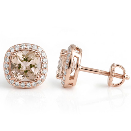 Cushion Peach Pink Morganite and Diamond Halo Stud Earrings 14k Rose Gold