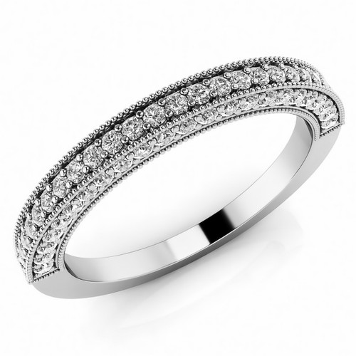 Pave-Set Diamond Wedding Band Bridal Ring With Milgrain White Gold