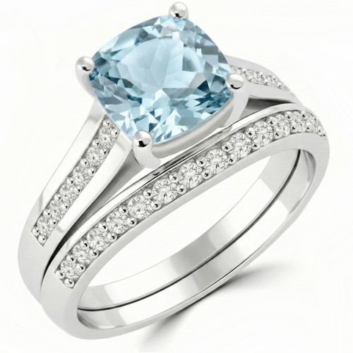 Cushion-Cut Blue Aquamarine Engagement Wedding Matching Ring Set