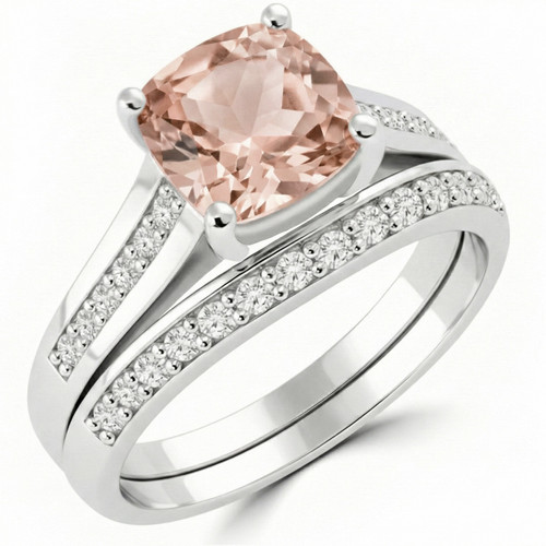 Cushion Peach Pink Morganite Matching Engagement Wedding Ring Set