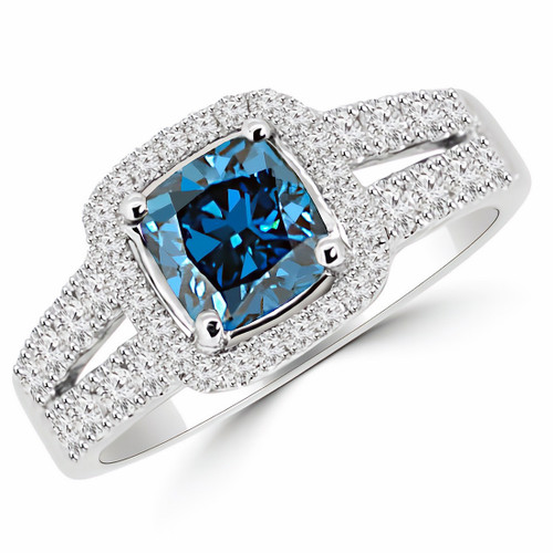 Cushion Cut Blue Diamond Halo Engagement Ring With Split Band